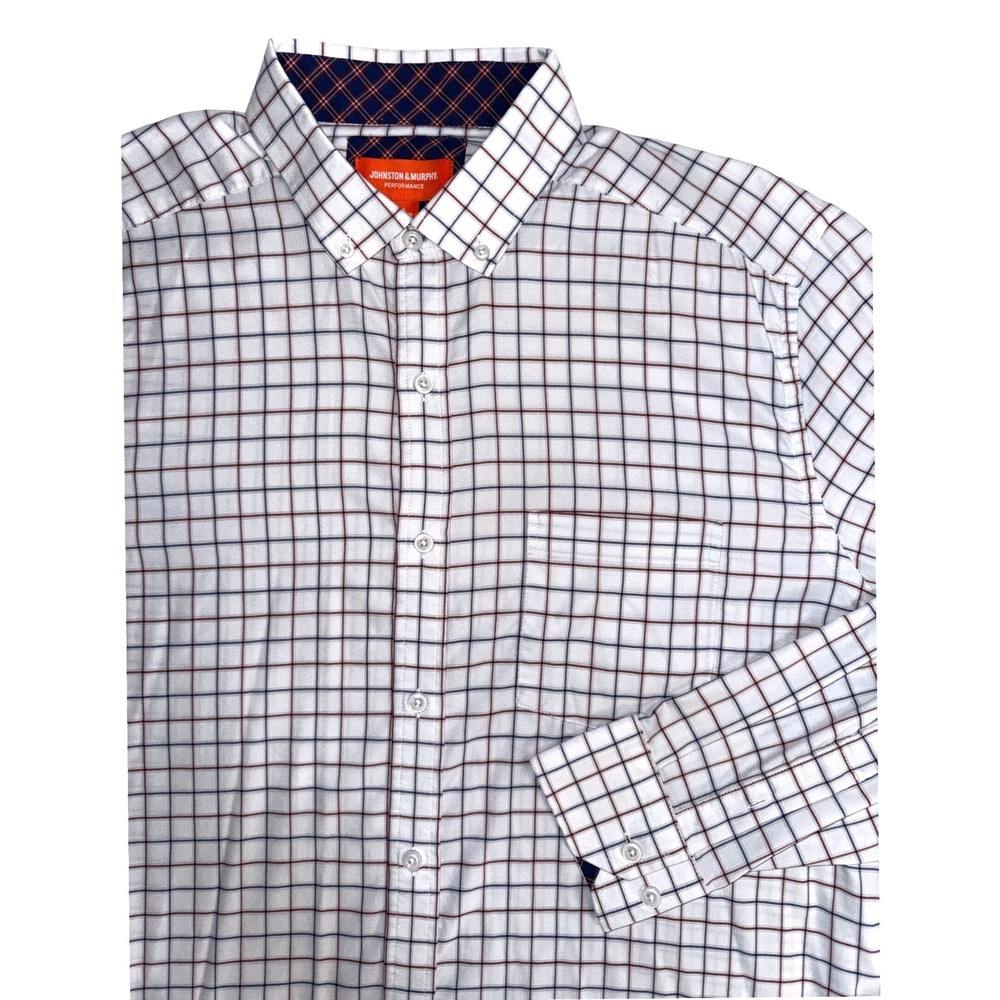 Johnston & Murphy Performance Shirt Mens Large White Navy Red Tattersall Check